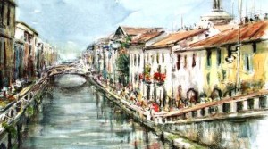 Uno degli acquarelli dedicato al Naviglio Grande di Mitti